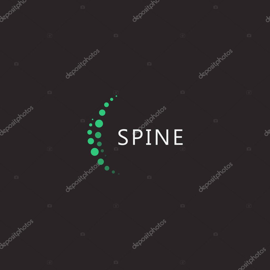 Spine clinic logo, two vertical arcs from green dots, spine doctor vector logotype template on black background