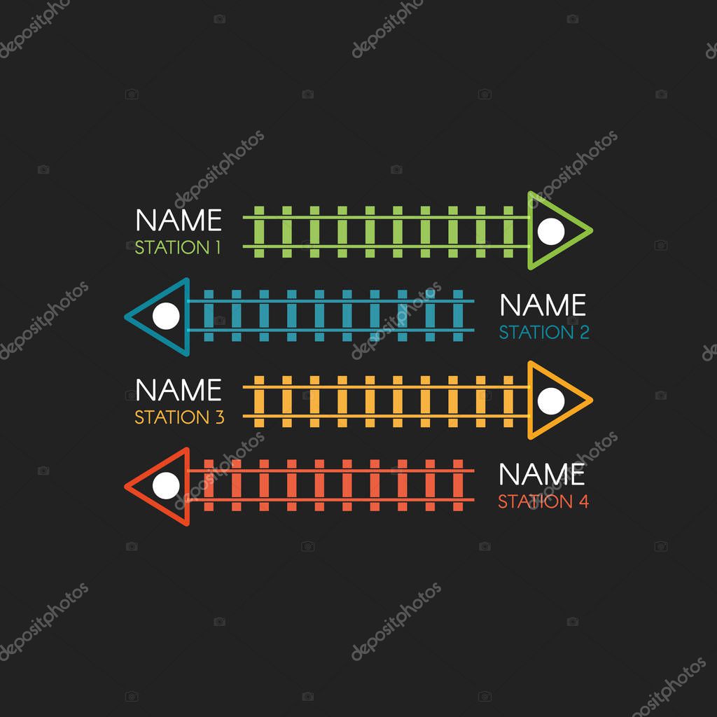 Railroad tracks, railway simple icon, rail track direction, train tracks colorful vector illustrations on black backgroud, colorful stairs, subway stations map top view, infographic elements
