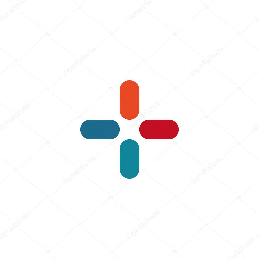 Cross colorful icon, isolated abstract plus symbol, pharmacy modern logo, geometric design shape, add abstract sign, vector illustration on white background