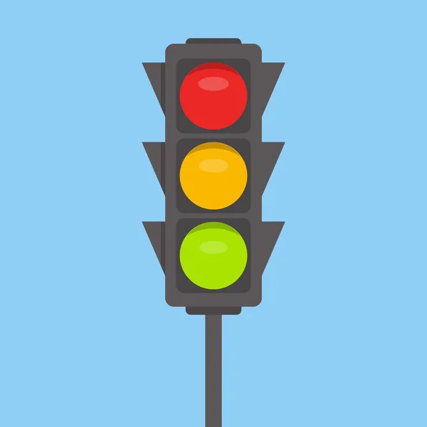 Isolerade trafikljus. Gröna, gula, röda lampor vektor illustration på blå himmel bakgrund. Road vägkorsning, förordning skylt, trafik regler designelement. — Stock vektor