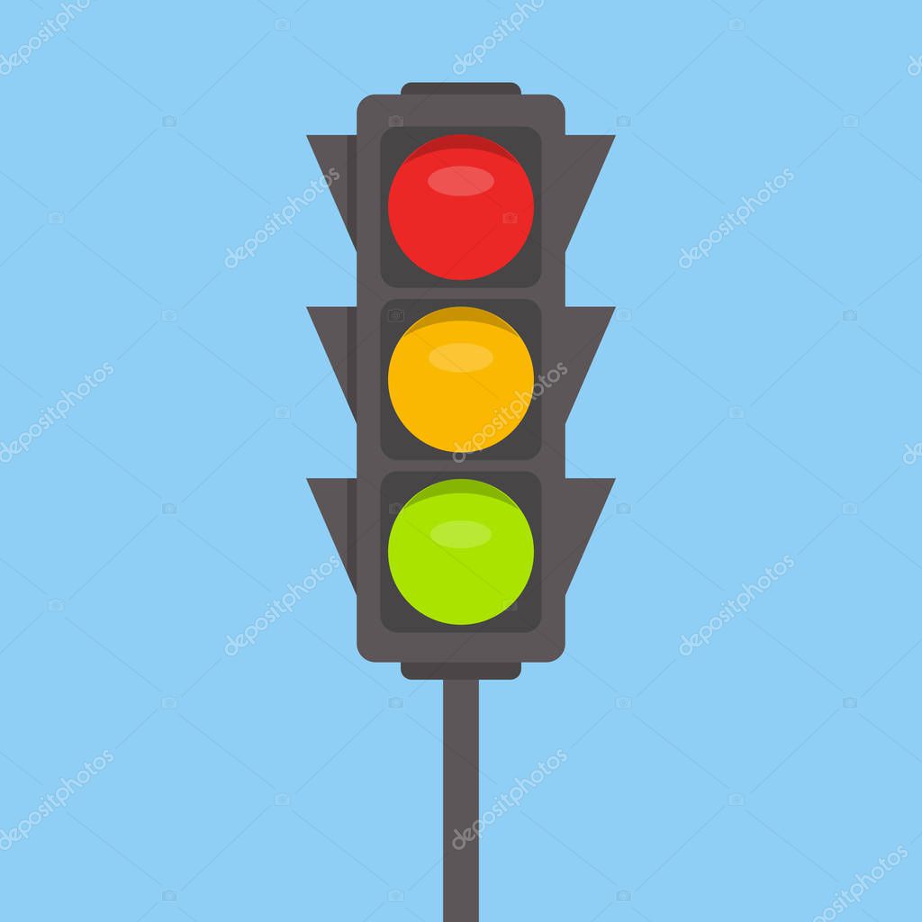 Traffic light isolated icon. Green, yellow, red lights vector illustration on blue sky background. Road Intersection, regulation sign, traffic rules design element
