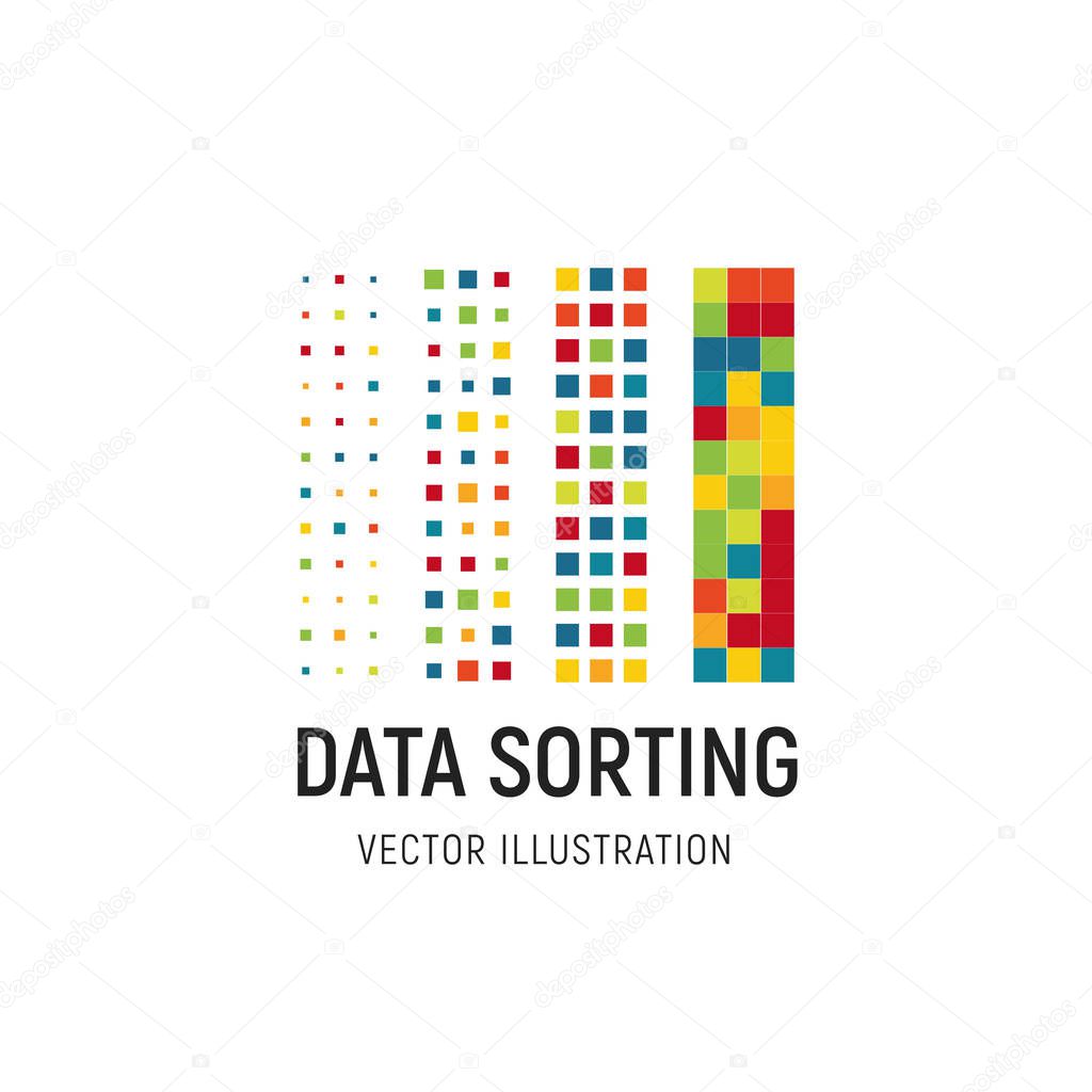 Data sorting vector illustration. Big data base vector emblem. Information sorting abstract logo. Digital technology simple label. Colored squares logo template. Advanced analytics visual design