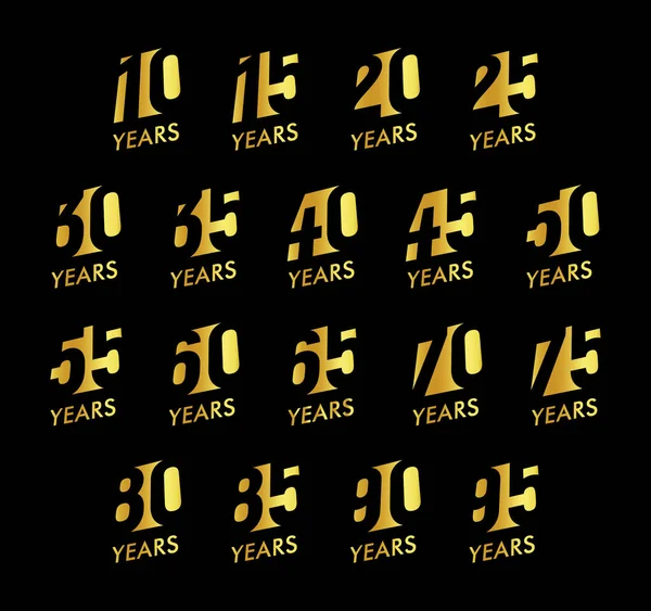Numéros vectoriels anniversaire fixés. Anniversaire célébration logo collection. Des signes d'âge d'or sur fond noir. Illustration de design jubilaire . — Image vectorielle