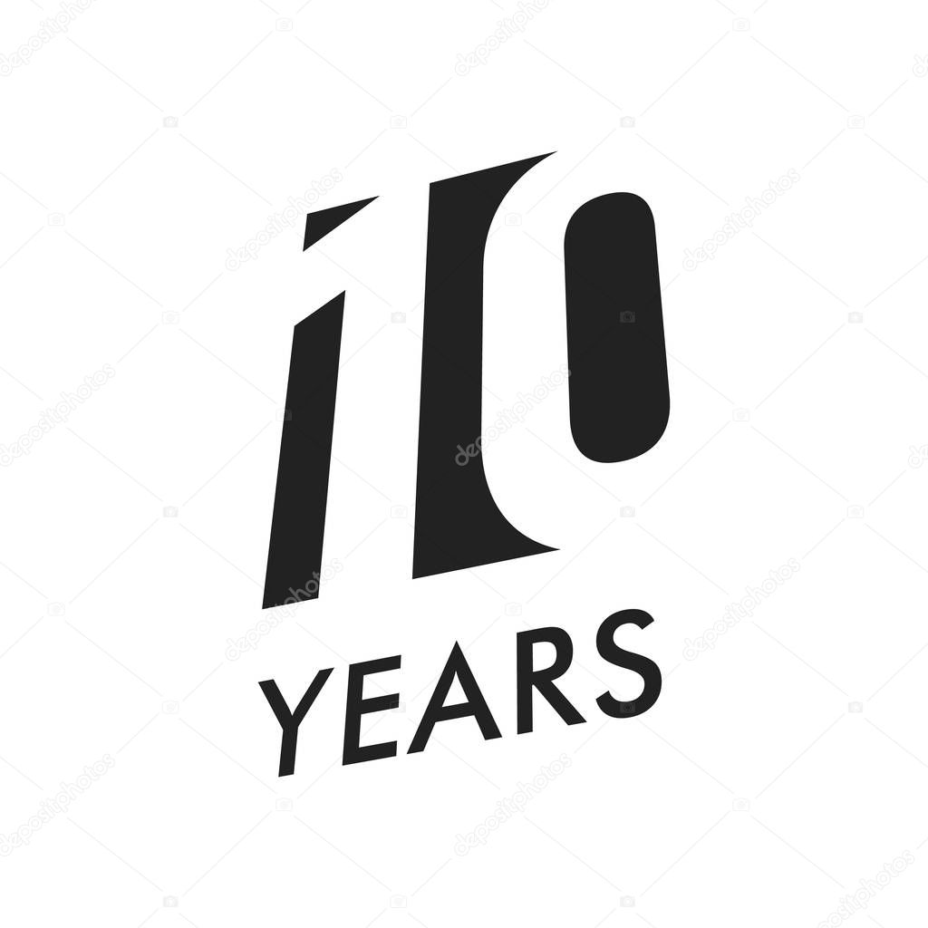 Ten years vector emblem template. Anniversary symbol, negative space design. Jubilee black color icon. Happy 10th birthday, abstract illustration