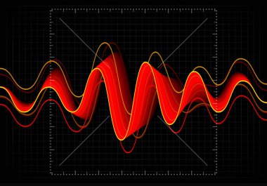 Ekolayzer vektör çizim. Soyut dalga simge müzik ve ses için ayarla. Siyah arka plan rengi dalgalı hareket satırlarında nabız. Radyo frekans grafiği. Grafik dijital ses. Hisse senedi oranı satır.