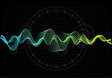 Ekolayzer vektör çizim. Soyut dalga simge müzik ve ses için ayarla. Siyah arka plan rengi dalgalı hareket satırlarında nabız. Radyo frekans grafiği. Grafik dijital ses. Hisse senedi oranı satır.