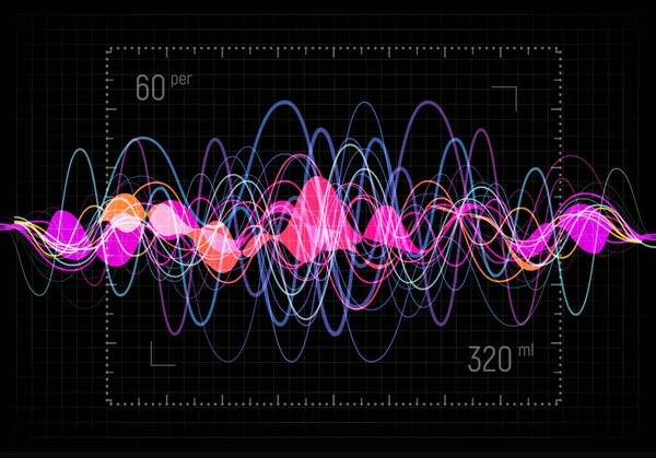 Еквалайзер Векторні ілюстрації. Абстрактний набір піктограм для музики та звуку. Пульсуючі кольорові хвилясті лінії руху на чорному тлі. Радіочастотний граф. Графічний цифровий голос. Лінія ставок . — стоковий вектор