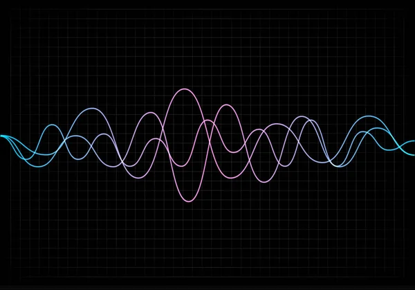 Equalizer-Vektor-Illustration. abstrakte Wellensymbole für Musik und Sound. Pulsation Farbe wellenförmige Bewegungslinien auf schwarzem Hintergrund. Hochfrequenzgraph. Grafische digitale Stimme. Aktienkurs. — Stockvektor