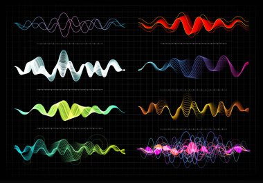 Ekolayzer vektör çizim. Soyut dalga simge müzik ve ses için ayarla. Siyah arka plan rengi dalgalı hareket satırlarında nabız. Radyo frekans grafiği. Grafik dijital ses. Hisse senedi oranı satır.