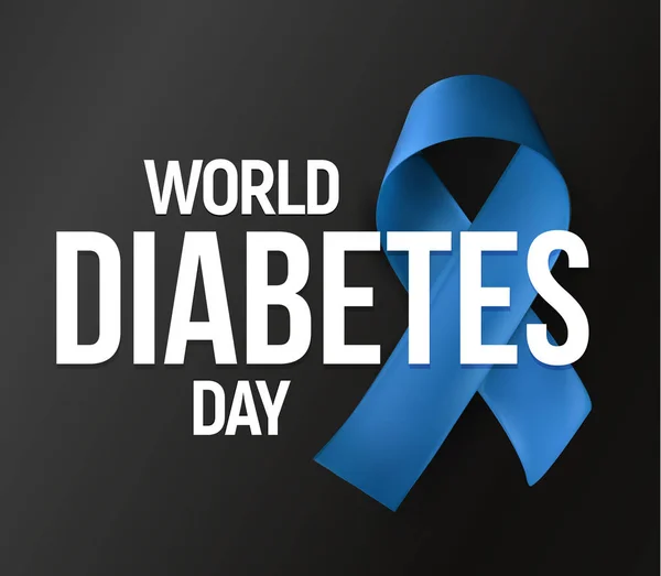 Bandeira vetorial do Dia Mundial da Diabetes. Ícone de vetor de fita azul com texto no fundo escuro. Dois ou primeiro tipo de símbolo Diabetes mellitus. ilustração do vetor DM . —  Vetores de Stock