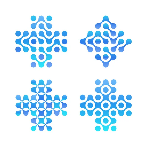 Dots croce logo set. Cerchi blu forme, acqua pulita logotipo. Segni astratti di farmacia. Nuova tecnologia, simbolo vettoriale medico . — Vettoriale Stock