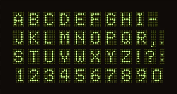 Polices vectorielles pointillées pour table LED numérique. Lettres monospatiales vertes de cercles de lumière verte ensemble. Modèle de tableau de score numérique — Image vectorielle