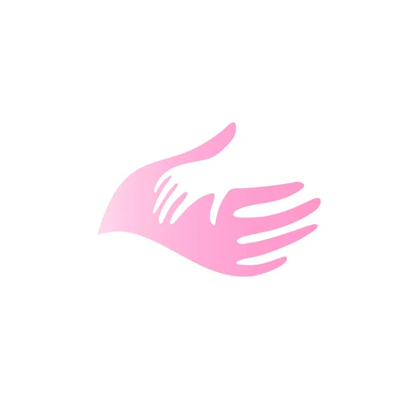 Дитяча рука в материнській руці векторна піктограма. Шаблон абстрактного логотипу педіатра. Плоский ніжний рожевий пальмовий силует, абстрактний символ. Ізольовані Векторні ілюстрації на білому тлі . — стоковий вектор