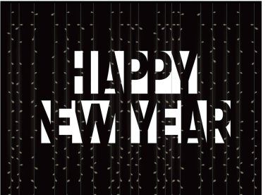 Mutlu yeni yıl tek renkli harfler, banner şablon. Beyaz vektör latin promo metin. Gökkuşağı renkli poster. Siyah kağıt appliqation etiketi, negatif alan tipografi tasarım. Siyah arka plan ile çelenk.