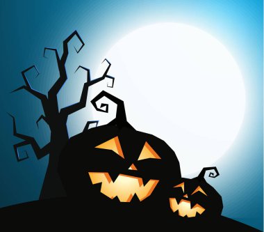 Kabaklar siluet vektör çizim dolunay ışığıyla koyu mavi gökyüzü arka plan üzerinde kuru ağaç. Mutlu tatil banner şablon metin yer ile.