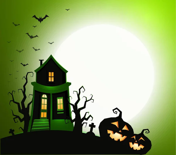 Halloween ünnep banner, éjszakai meghívó, vektoros illusztráció. Ház, szellem, félelmetes tök sziluett, fekete száraz fák, nagy fehér Hold Flock denevérek, a háttér. — Stock Vector
