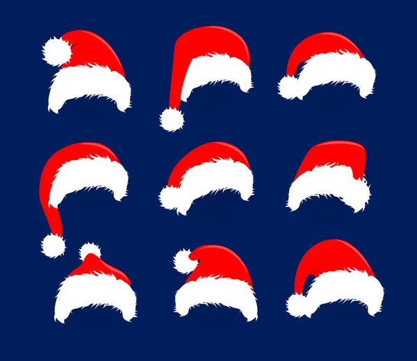 Κόκκινα Χριστούγεννα καπέλα σύνολο εικονιδίων. Εικονογράφηση διάνυσμα κοστούμι Santa Claus. Νέο έτος φωτογραφίας portreit διακοσμητικό στοιχείο. — Διανυσματικό Αρχείο