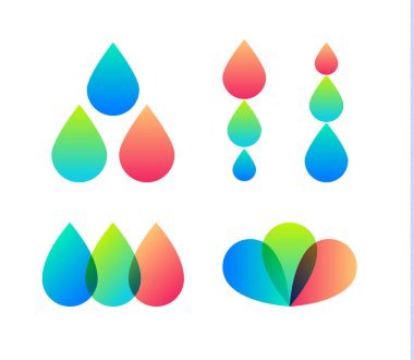 Damla Icons set vektör. Mürekkep püskürtmeli yazıcı logo şablonu. Ev, expresse fotoğraf şirket logo tasarımı. Tipografi soyut sembolü. Beyaz arka plan üzerinde izole vektör çizim.