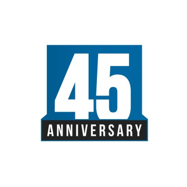 45 yıldönümü vektör simgesi. Doğum günü logosu şablonu. Tebrik kartı tasarım öğesi. Basit iş yıldönümü amblemi. Mavi katı stil numarası. Beyaz arka plan üzerinde izole vektör çizim.