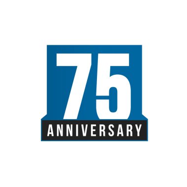 75 yıl dönümü vektör simgesi. Doğum günü logosu şablonu. Tebrik kartı tasarım öğesi. Basit iş yıldönümü amblemi. Mavi katı stil numarası. Beyaz arka plan üzerinde izole vektör çizim.