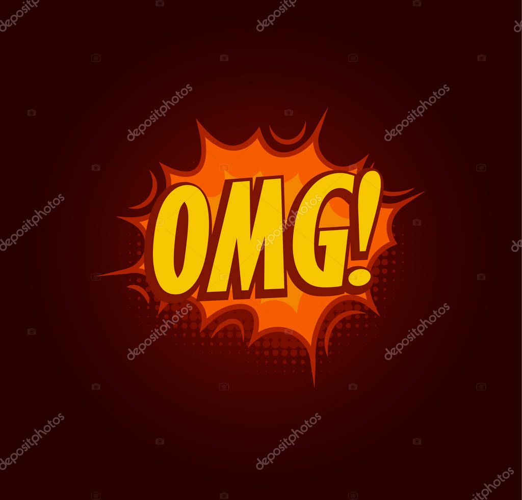 Boom OMG speach balloon, explosive sale baner, abstract isolated vector illustration on black background