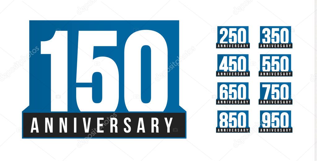 Anniversary vector icons set. Birthday logo template. Greeting card desig element. Simple business century emblem. Blue strict style number. Isolated vector illustration on white background.