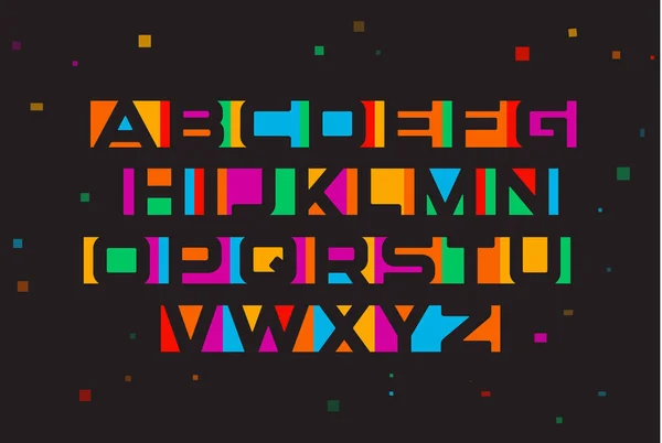Fonte vectorielle colorée. Alphabet géométrique de l'espace négatif. Lettres colorées sur fond noir avec confettis géométriques . — Image vectorielle
