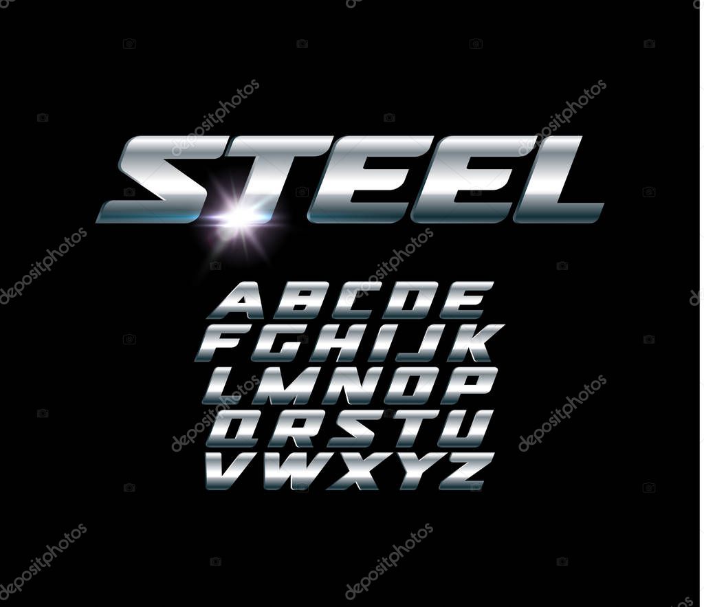 Set of steel letters. Font for dynamic compositions, like sports events and promotions or logos. Typography design, metal style