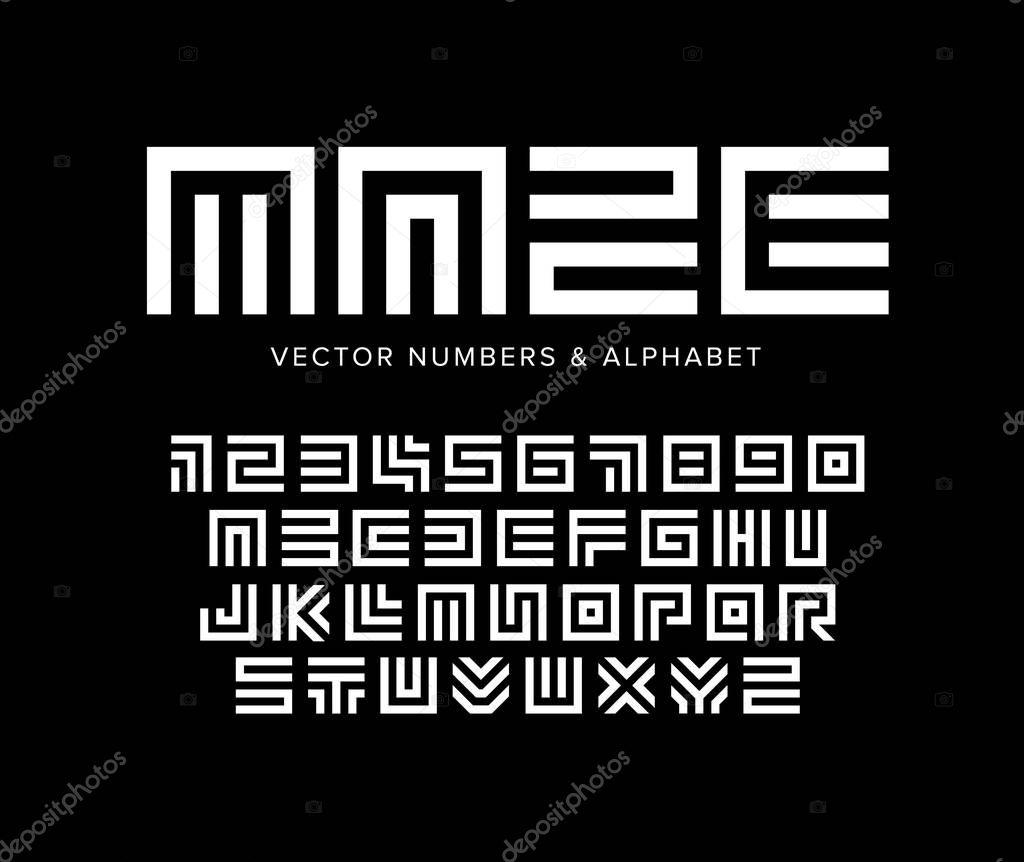 Geometric vector letters and numbers set. Maze alphabet. White logo template on black background. Typography design