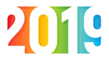 2019 mutlu yeni yıl logosunu görmeniz gerekir. Kağıt uygulama tasarım stili. Gökkuşağı tebrik kartı kapağını renkli. Negatif boşluk dikdörtgen şekli. 2019 renkli sembol. Vektörel çizimler.