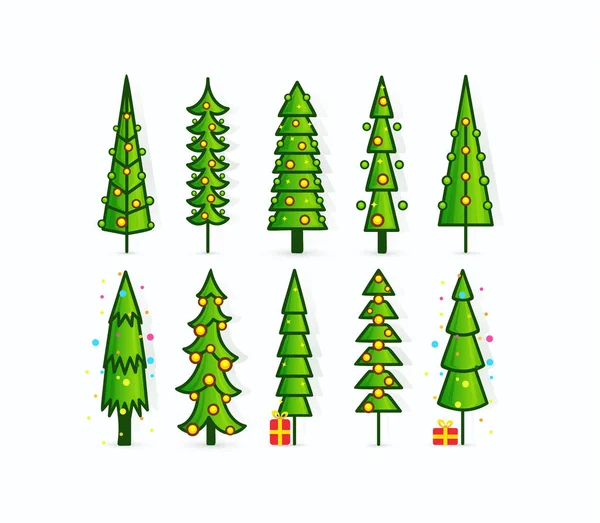 Icônes vectorielles arbre de Noël. Ensemble de pins de contour avec guirlandes, cadeaux et décorations. Grands arbres verts sur fond blanc vierge. Modèle de carte, invitation, prospectus, affiche ou bannière . — Image vectorielle