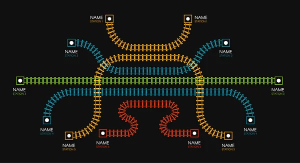 Railroad tracks, treinstation, trein diagram. Kleur trap of hek. Vectorillustratie op zwarte achtergrond. — Stockvector