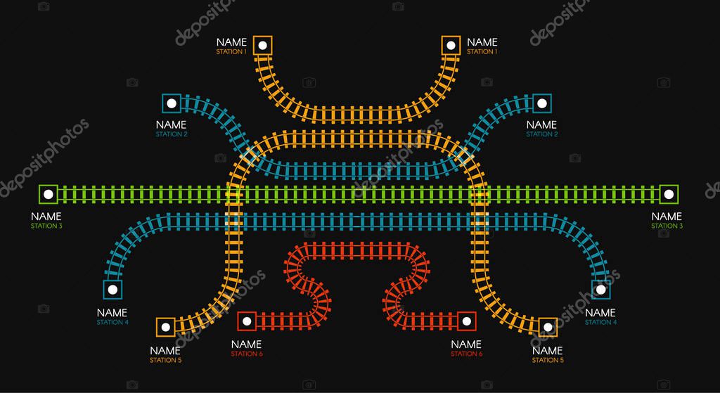 Railroad tracks, railway station, train diagram. Color stairs or fence. Vector illustration on black background