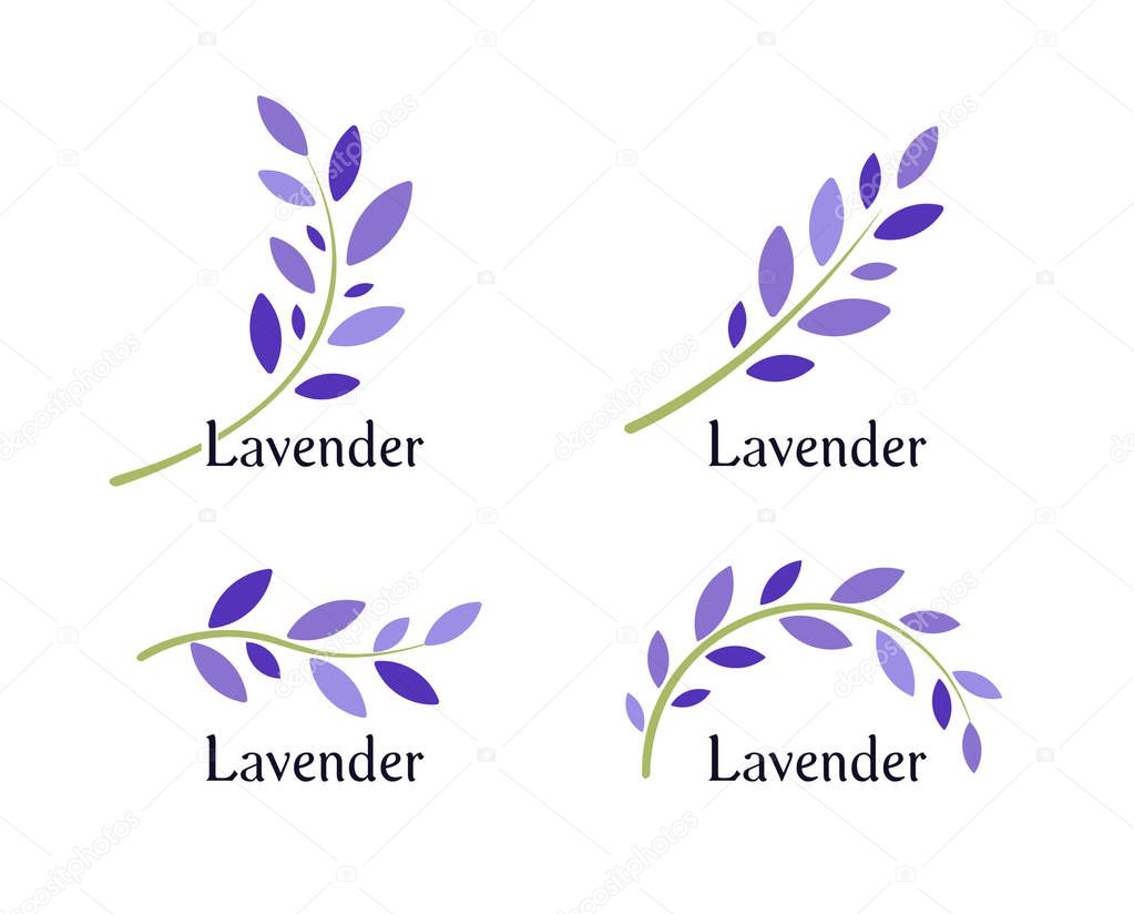Lavender icons set. Violet leaves and green branch of lavender. Natural herb logo template. Vector illustration