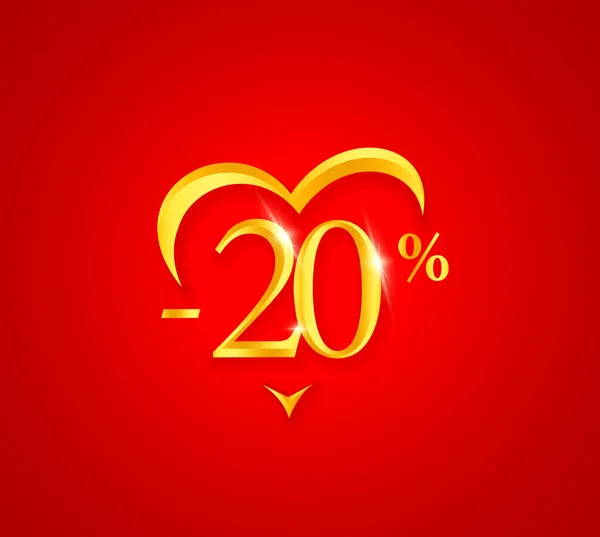 Valentines Day Sale poster. Holiday Discount banner design. Premium sale Certificate template. Golden numbers with abstract heart shape. Vector illustration on red background. — Stock Vector