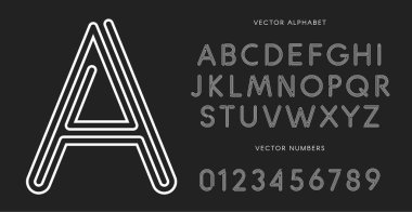 Çizgi harf ve rakam siyah arka plan üzerine ayarla. Tek renkli vektör latin alfabesi. Beyaz yazı tipi bağlama. İp Abc, labirent monogram ve poster şablonu. Tipografi tasarım.