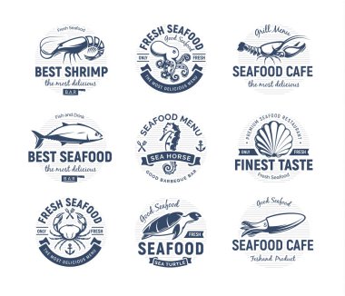Deniz ürünleri logosu seti. Deniz yaratıklar, balıkçılık veya restoran Amblemler. Retro tarzı Logo şablonu. Modern amblem fikri. İş için konsept tasarım. Beyaz arka planda izole vektör illüstrasyon.