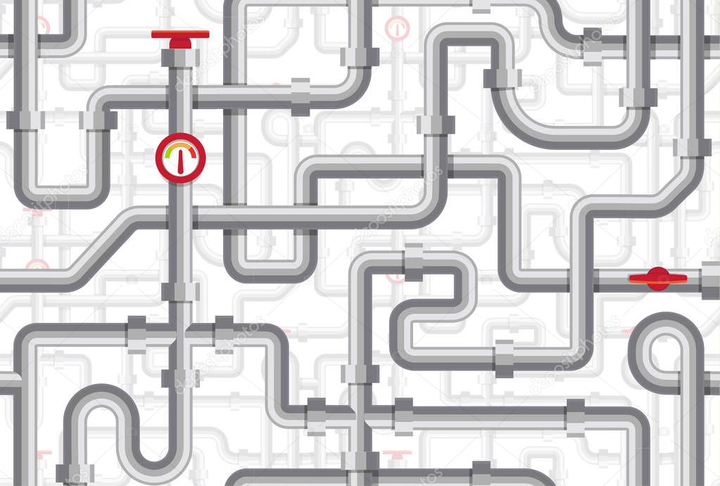 Pipes seamless pattern. Maze of pipelines. Boiler room texture. Plumbing vector illustration. Flat design seamless background.