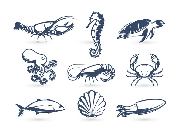 Underwater world vector icon collection. Engraving silhouette modern style. Lobster, turtle, crab, seahorse, shrimp, octopus, tuna, squid, shell icons. Vector illustrations for on blank background. — Stock Vector