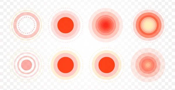 Schmerzbereich-Symbol gesetzt. radiale rote Kreise. Ziel flaches Gefälle. Schmerzpunkt. Sammlung medizinischer Symbole für die Apotheken-Infografik. isolierte Vektordarstellung auf transparentem Hintergrund. — Stockvektor
