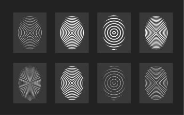 Parmak izi seti, modern vektör. Düz dairesel çizgiler formu, merkezli daire, kişi kimliği. vektör çizim.