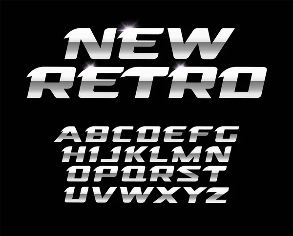 Nuevo juego de letras retro. Textura de acero pulido, alfabeto latino vectorial estilo metal. Fuentes para diseño futurista, logotipos modernos, banner, monograma y póster para marcas de automóviles. Diseño tipográfico . — Vector de stock