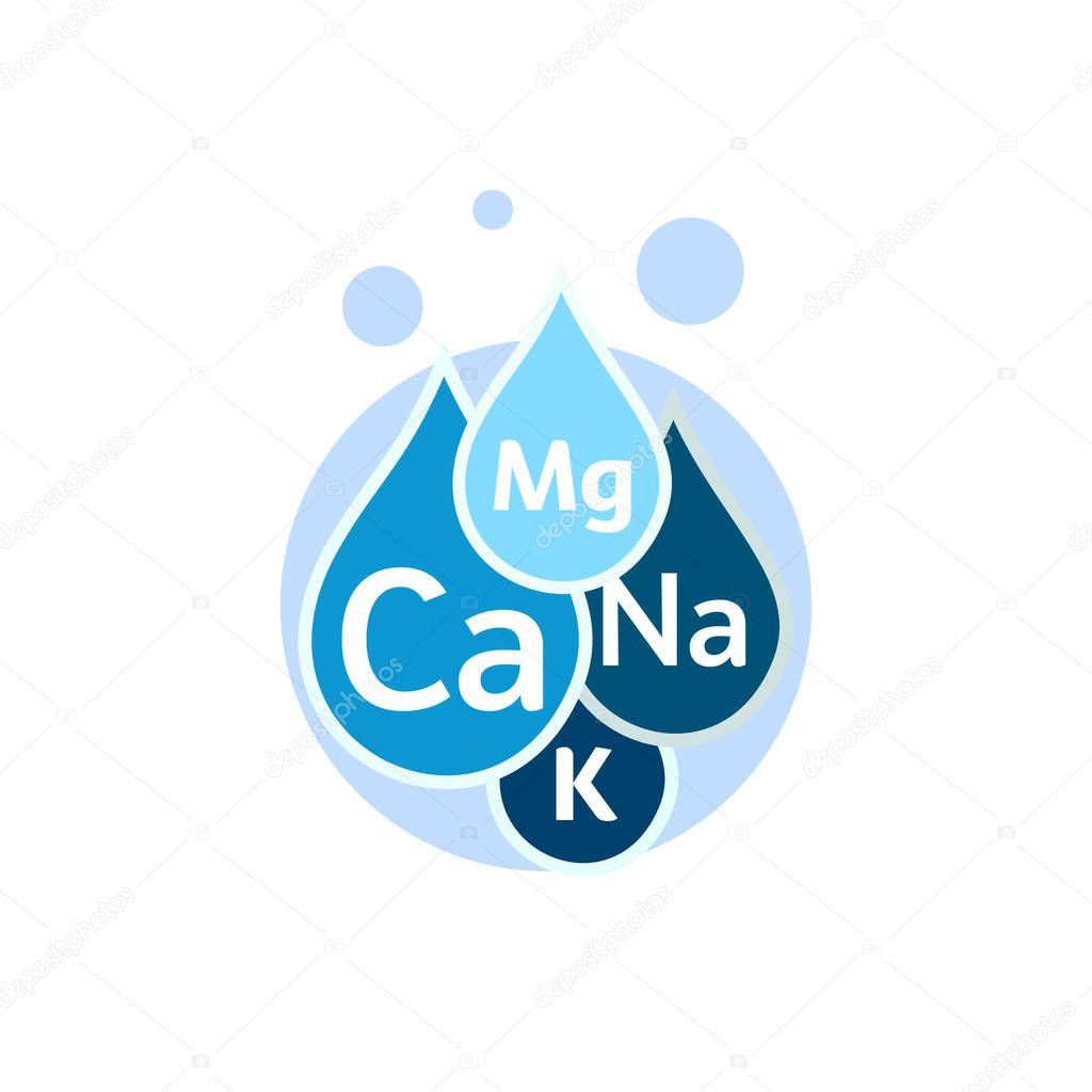 Mineral water icon. Blue drops with mineral designations. Simple flat logo template. Healthy water modern emblem idea. Isolated vector simple sign on white background