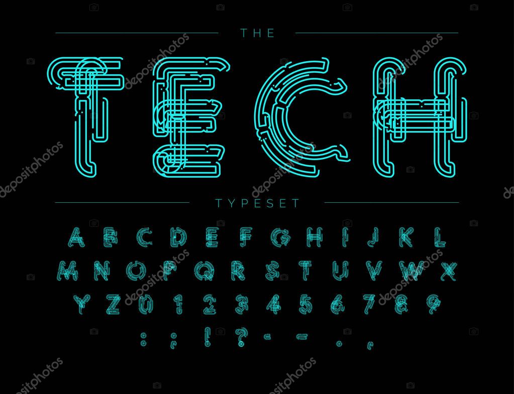 Cyber Tech Font. Contour scheme style vector alphabet. Letters and numbers for digital product, security system logo, banner, monogram and poster. Typeset design