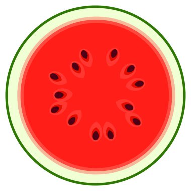 Kemiklerle yarım kırmızı olgun karpuz, üst görünümü kesin. Lezzetli yaz meyve, web düğmesi şablonu. Vitaminler ve sağlık simgesi. Yalıtılmış vektör illüstrasyonu.