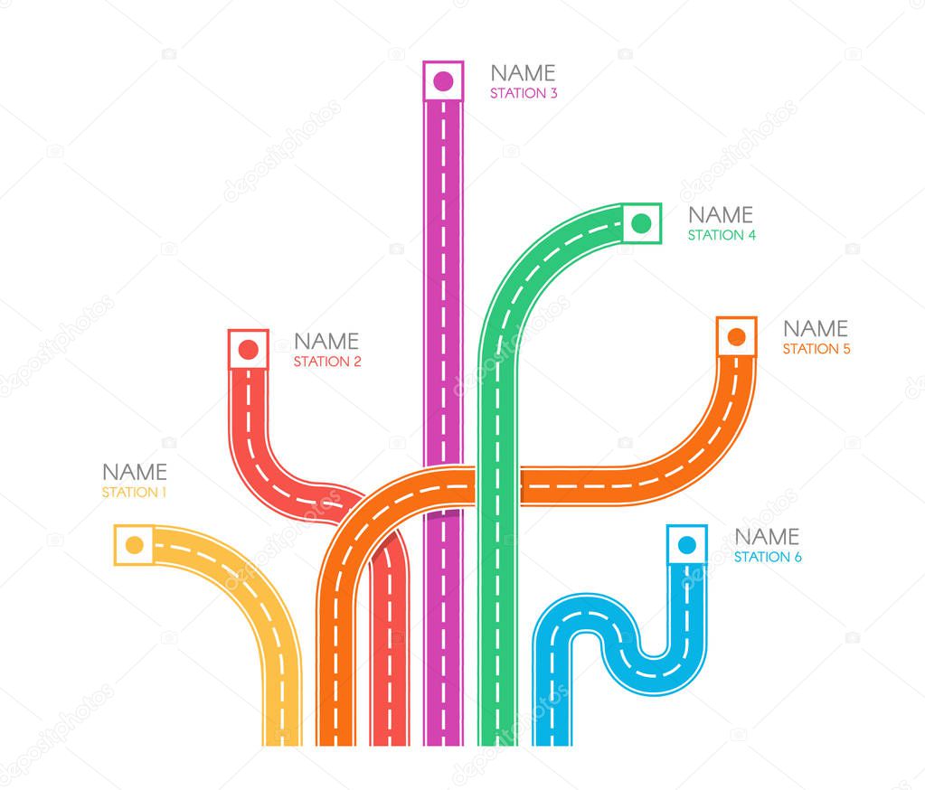 Road tracks direction map top view, colorful vector illustration on white backgroud, web infographic elements.