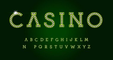 Yeşil arka plan üzerine ayarlanmış casino mektupları. Yeşil lüks tarzı vektör latin alfabesi. Etkinlikler, web iş, promosyon, logolar, afiş, monogram ve poster için Yazı tipi. Tipografi tasarımı.