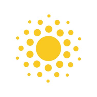 Yaz sembolü. Güneş modern simgesi. Noktalar ve noktalar güneşli daire şekli. Beyaz arka planda yalıtılmış vektör logosu kavramı