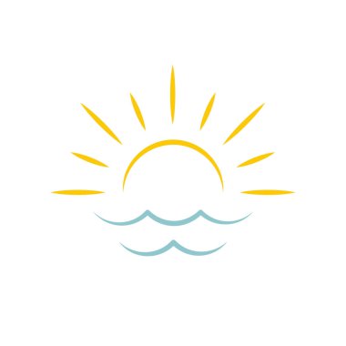 Denizde şafak. Güneş simgesi. Seyahat acentesi amblemi kavramı, vektör logo şablonu.