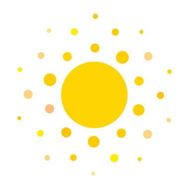 Yaz sembolü. Güneş modern simgesi. Noktalar ve noktalar güneşli daire şekli. Beyaz arka planda yalıtılmış vektör logosu kavramı